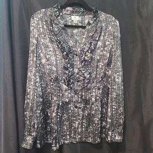 Worthington 1x long sleeve v-neck ruffled neckline Grey Sequin pattern